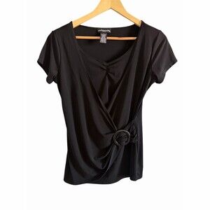 Vintage Sixteen Blouse Womens L Black Surplice Wrap V-Neck Short Sleeve Ruched